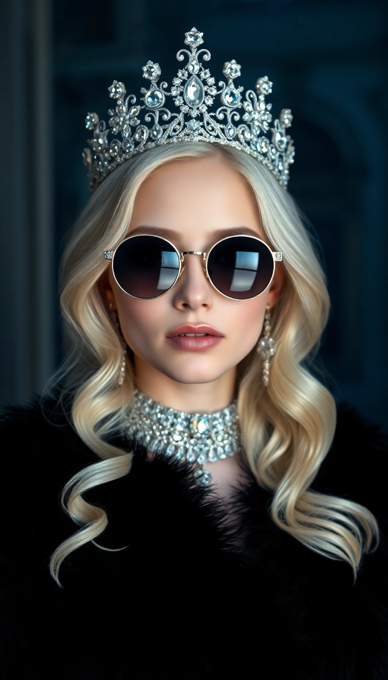 HD iPhone Young Platinum Blonde Queen in Black Fur Photogenic Background